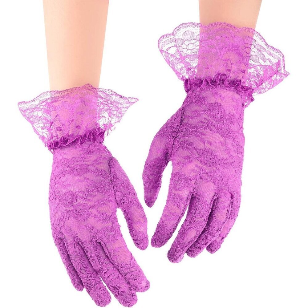 Women's Short Lace Courtesy Elegant Gloves Purple Wedding Dinner Opera Parties - Picture 5 of 6